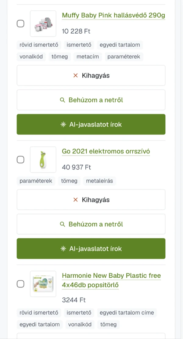 Preparing new products: product name, price, the missing fields as labels underneath, and three routes — skip, look it up on the web, or draft it with AI