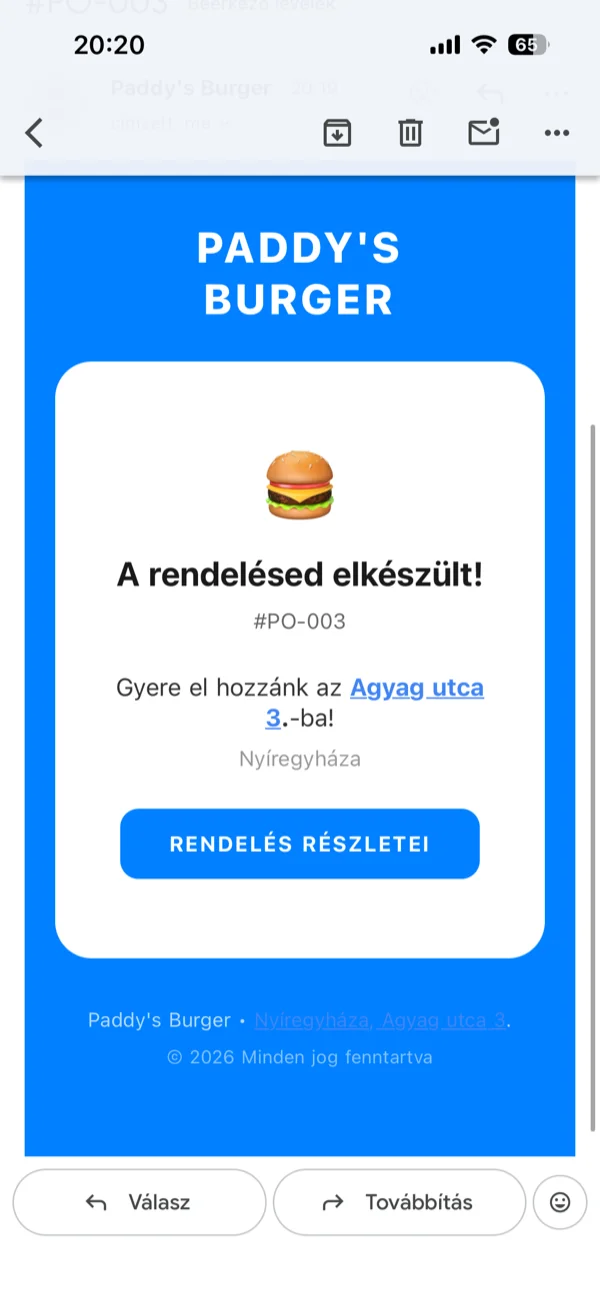 Automated emails across the lifecycle: confirmation, accepted, preparing, ready, thank-you