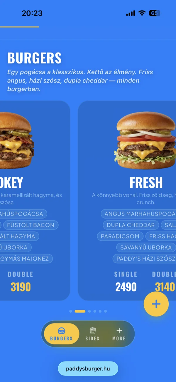The menu: a saturated blue palette that makes the food photography pop through contrast