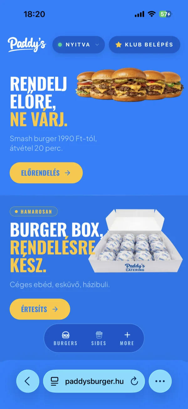 The home page's consecutive sections: hero, menu, Paddy's Club, FAQ