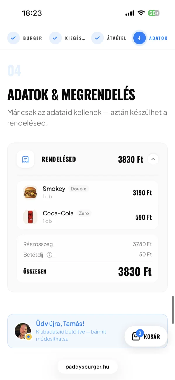 The four-step pre-order: burger, add-ons, pickup, details