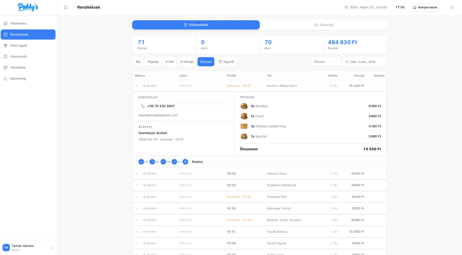 Incoming orders: states, items and pickup times, live