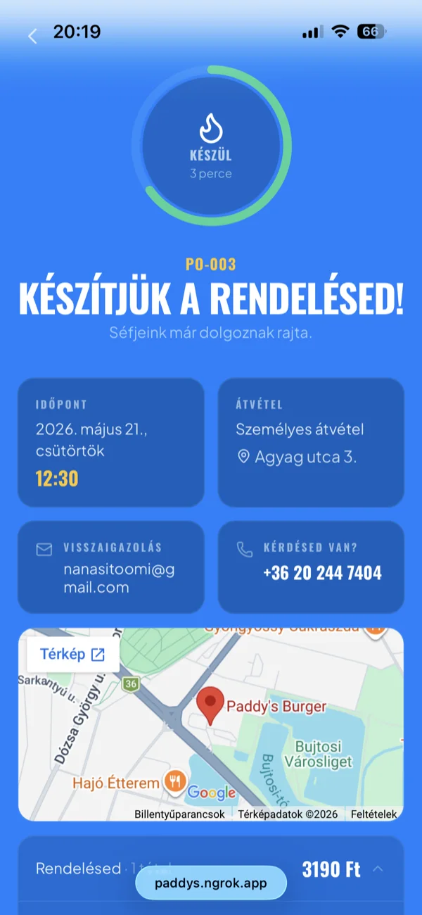 The real-time tracking page across five states: received, accepted, preparing, ready, picked up