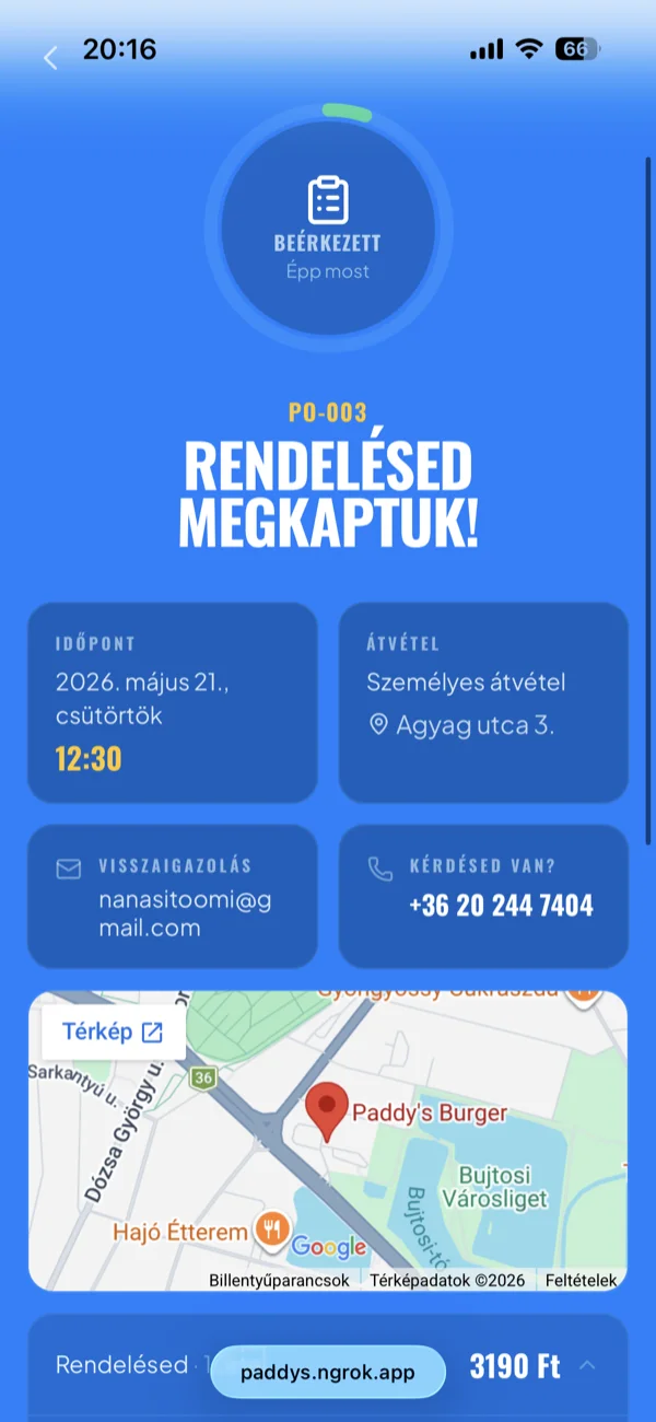 The real-time tracking page across five states: received, accepted, preparing, ready, picked up