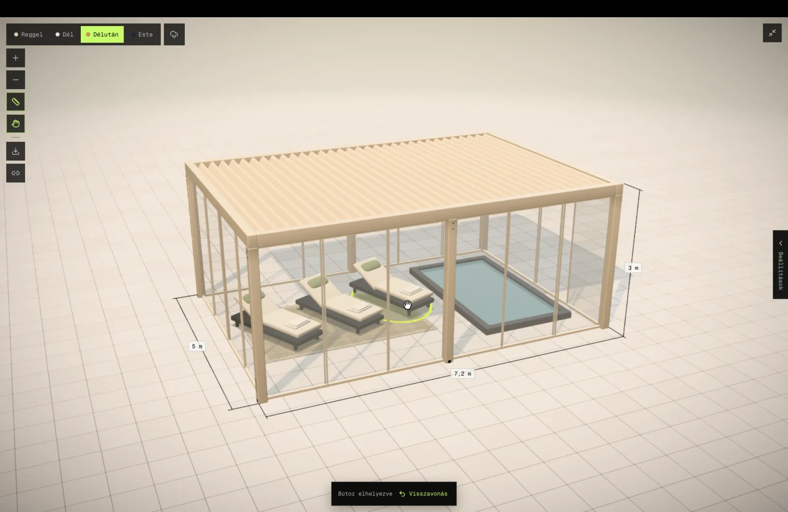 A glass-walled pergola with sun loungers by the pool