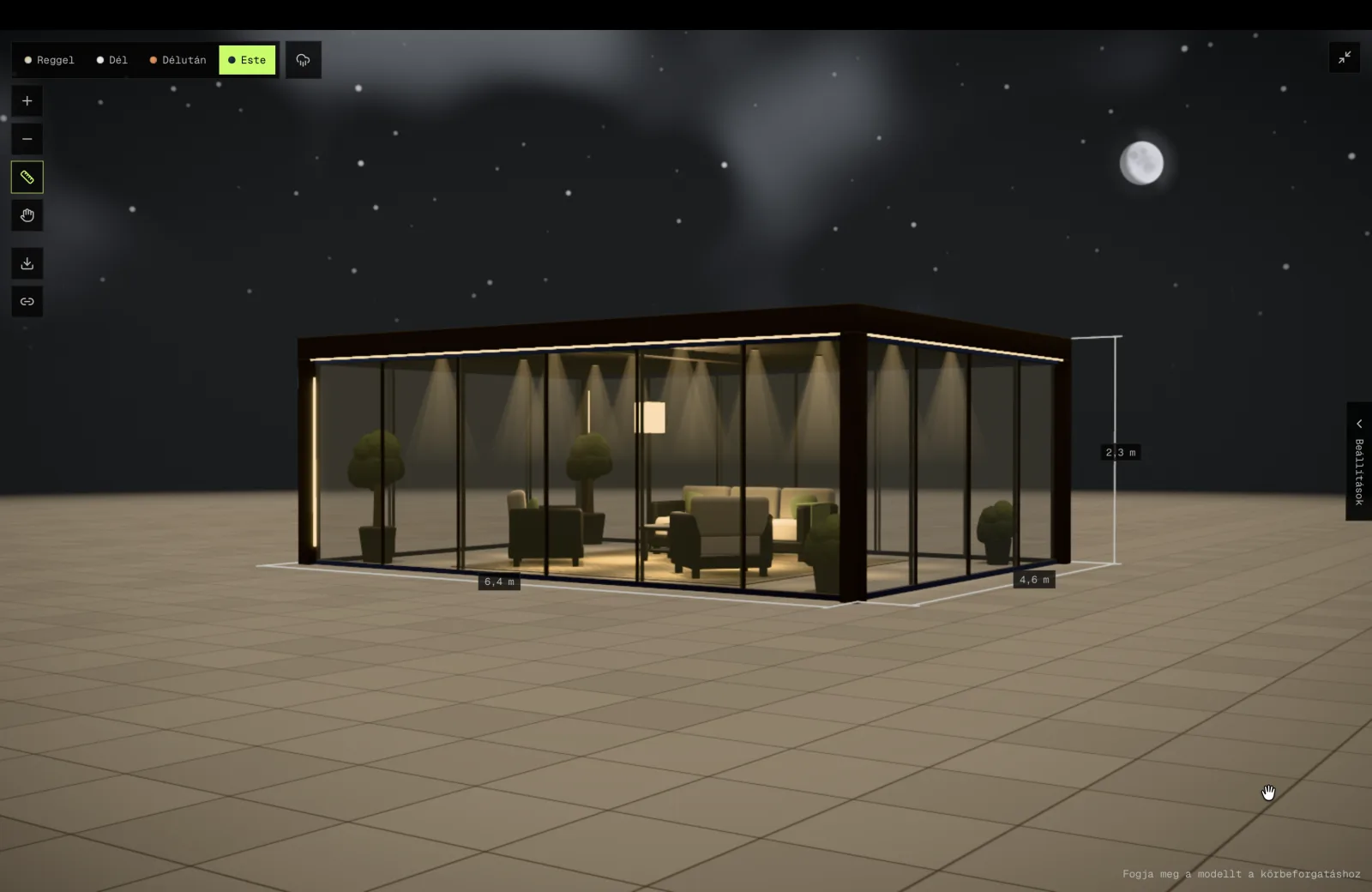 Night in the designer: the glass-walled pergola glows like a lantern