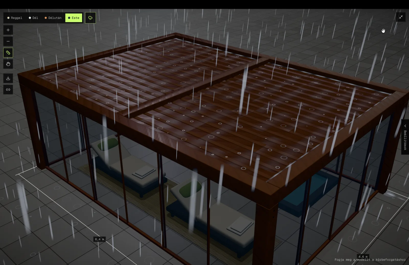 The roof up close in the rain: drops hit and ripple across the closed louvers while everything below stays dry