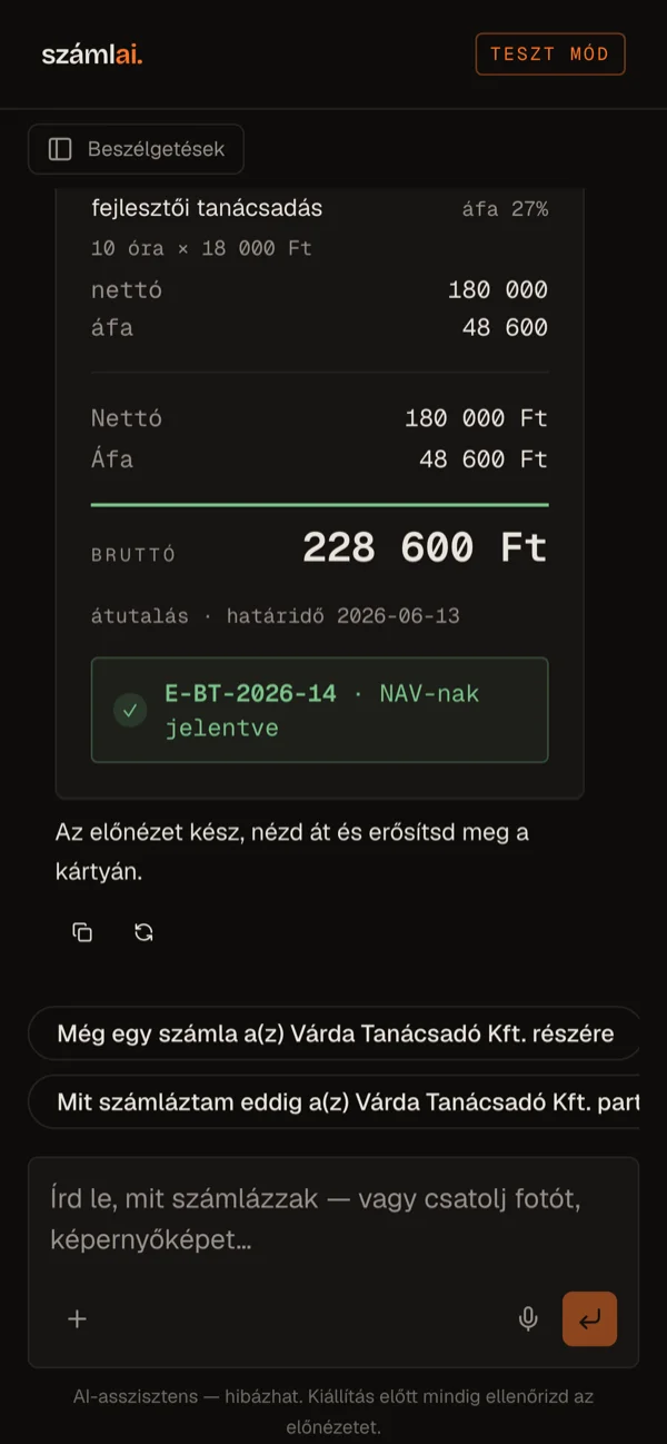 The flow on mobile: empty assistant, preview card, issued and NAV-reported invoice