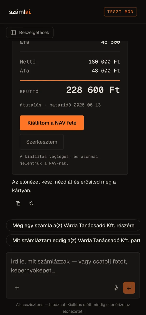The flow on mobile: empty assistant, preview card, issued and NAV-reported invoice
