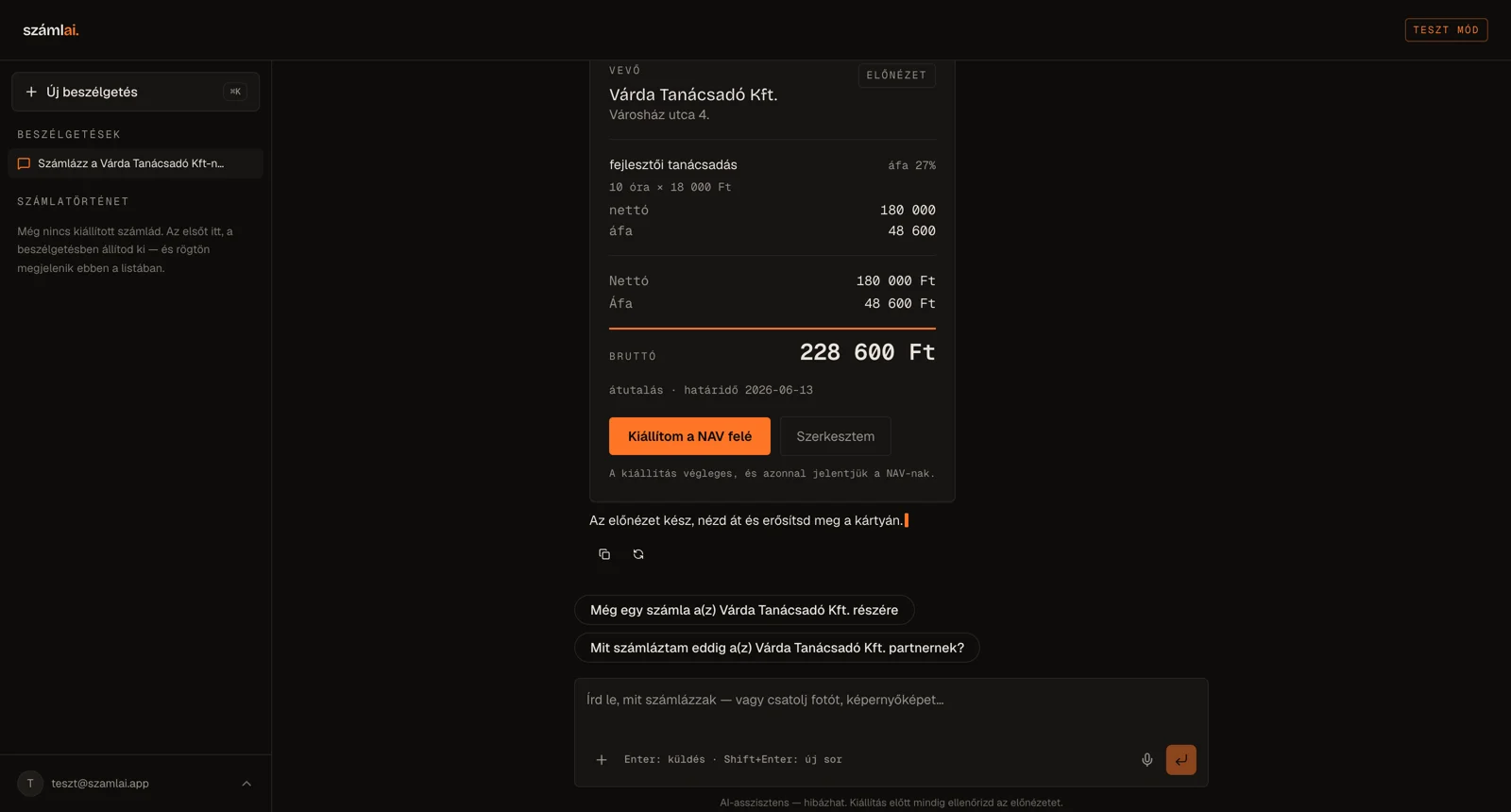 The preview card: Várda Consulting's invoice, every line with net, VAT and gross