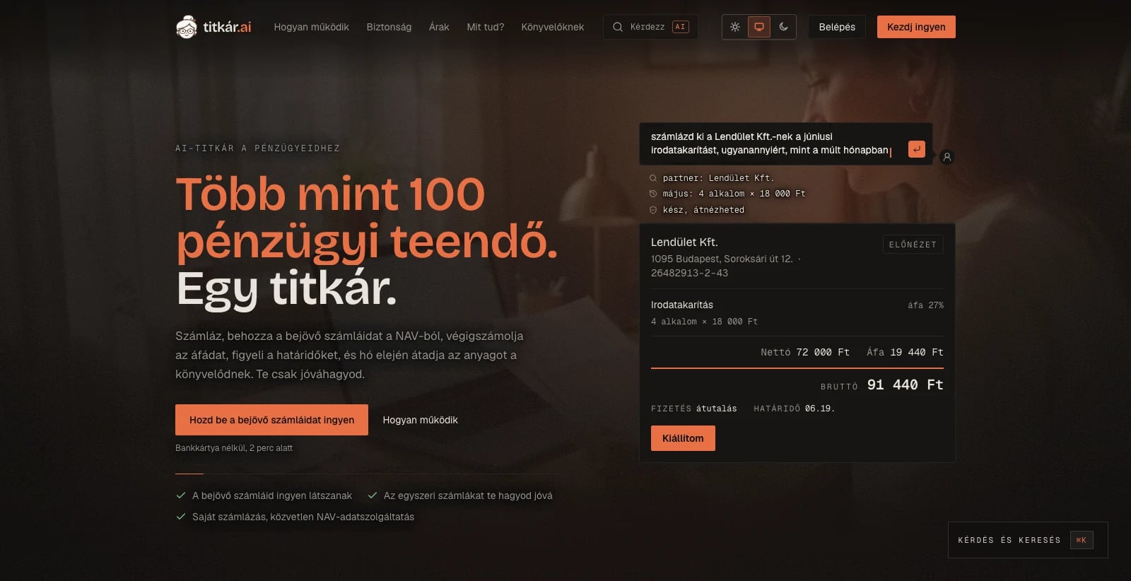 The landing page with the hero message on desktop, the invoice preview on mobile