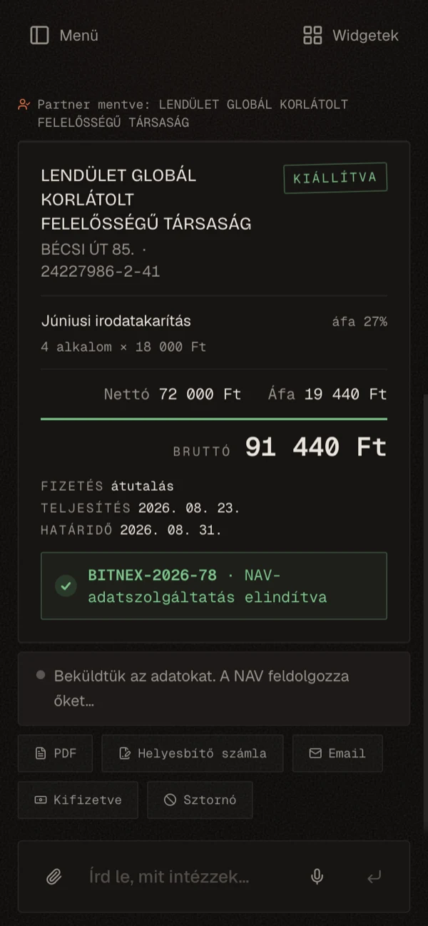 The flow on mobile: empty assistant, preview card, issued and NAV-reported invoice