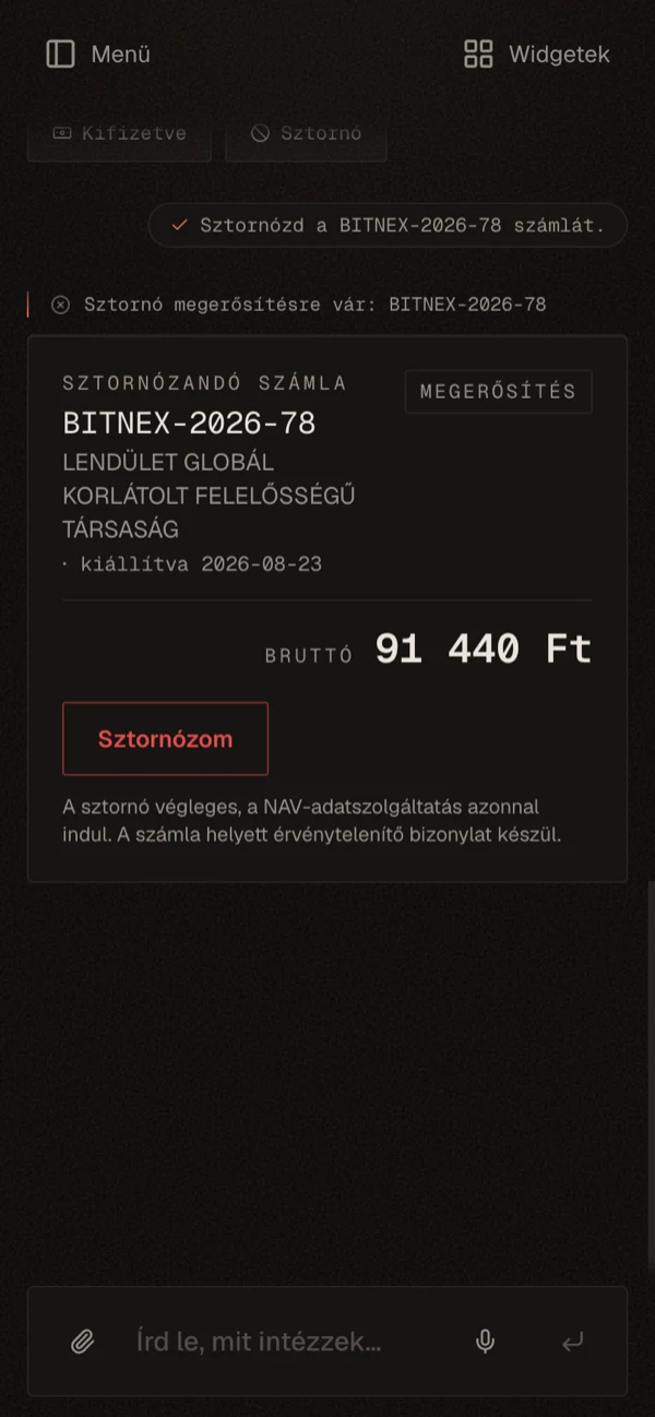 The cancellation confirmation card: a red button, the operation fires only after approval