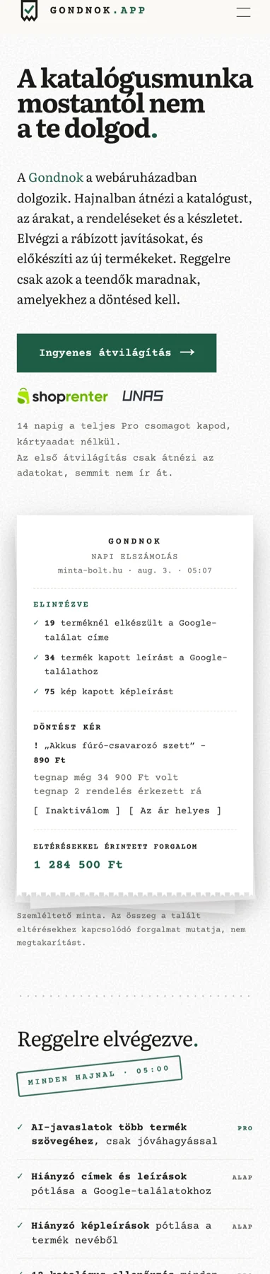 The gondnok.app landing page on desktop and mobile